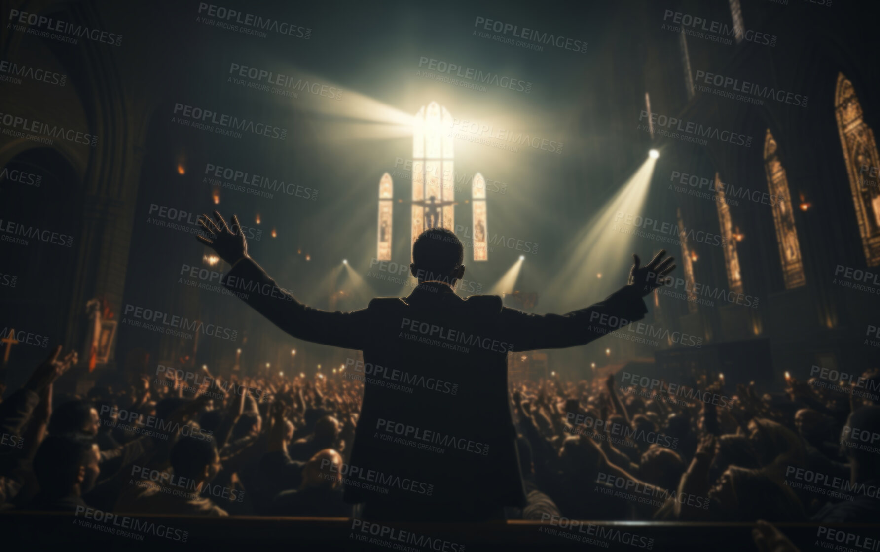 Buy stock photo Preacher worshiping hands raised in church. United crowd. Religion concept.