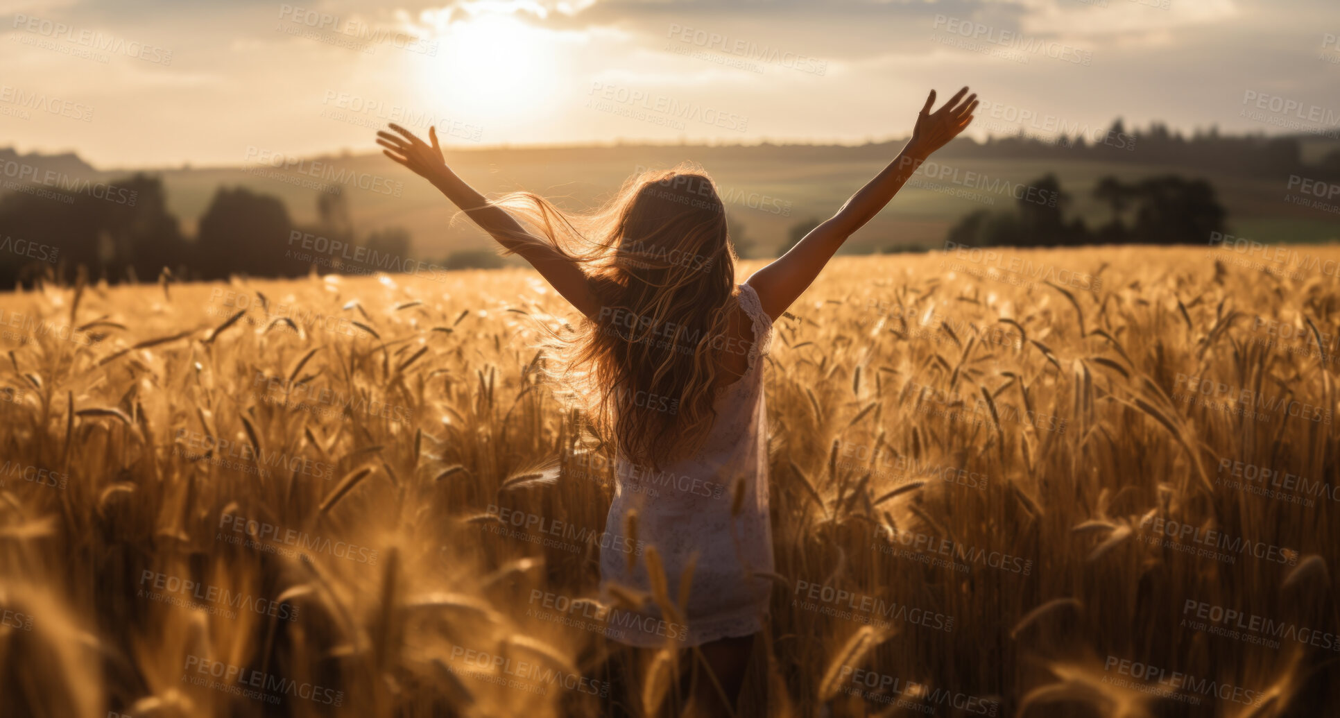 Buy stock photo Woman worshiping hands raised to the sunset in open field. Religion concept.