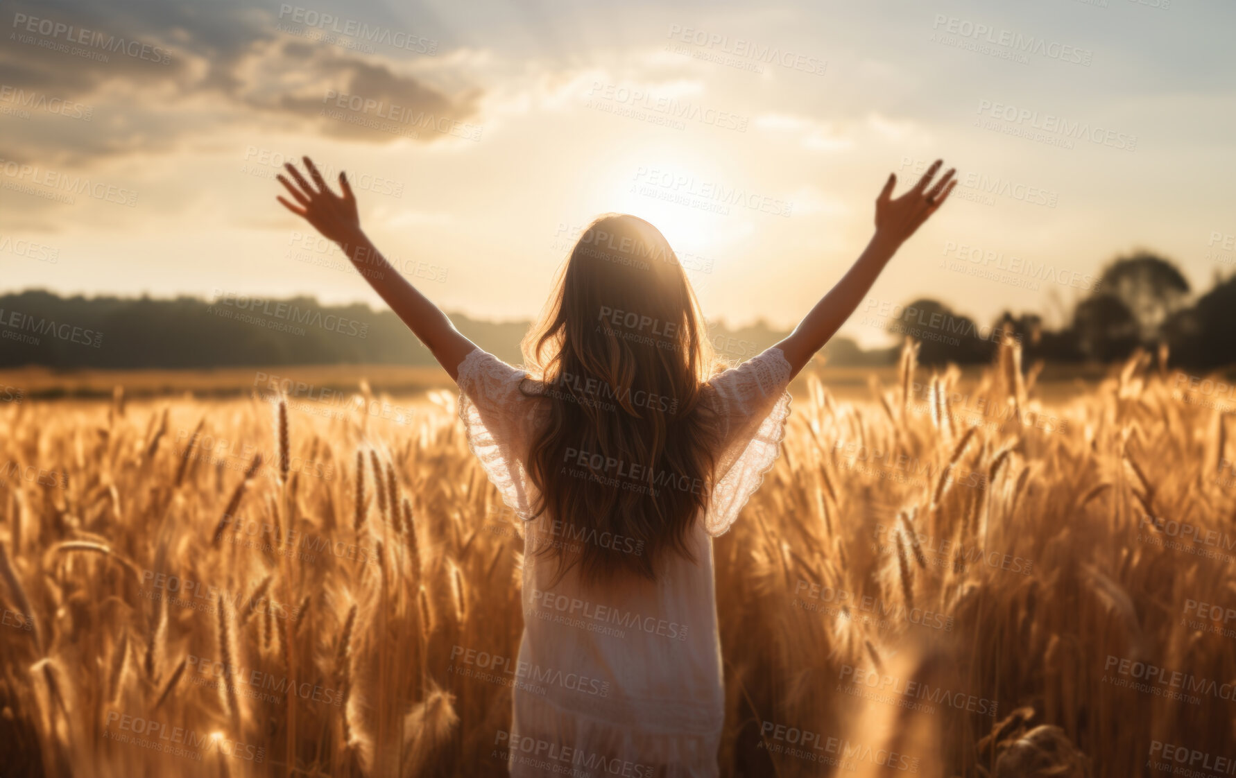 Buy stock photo Woman worshiping hands raised to the sunset in open field. Religion concept.