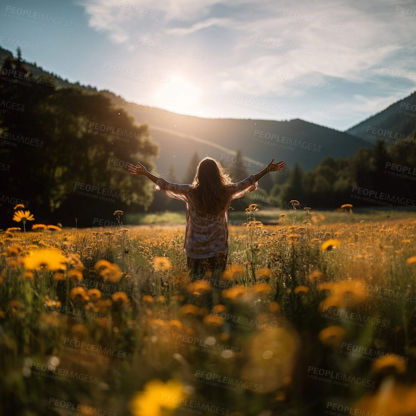 Buy stock photo Woman worshiping hands raised to the sunset. Religion concept.