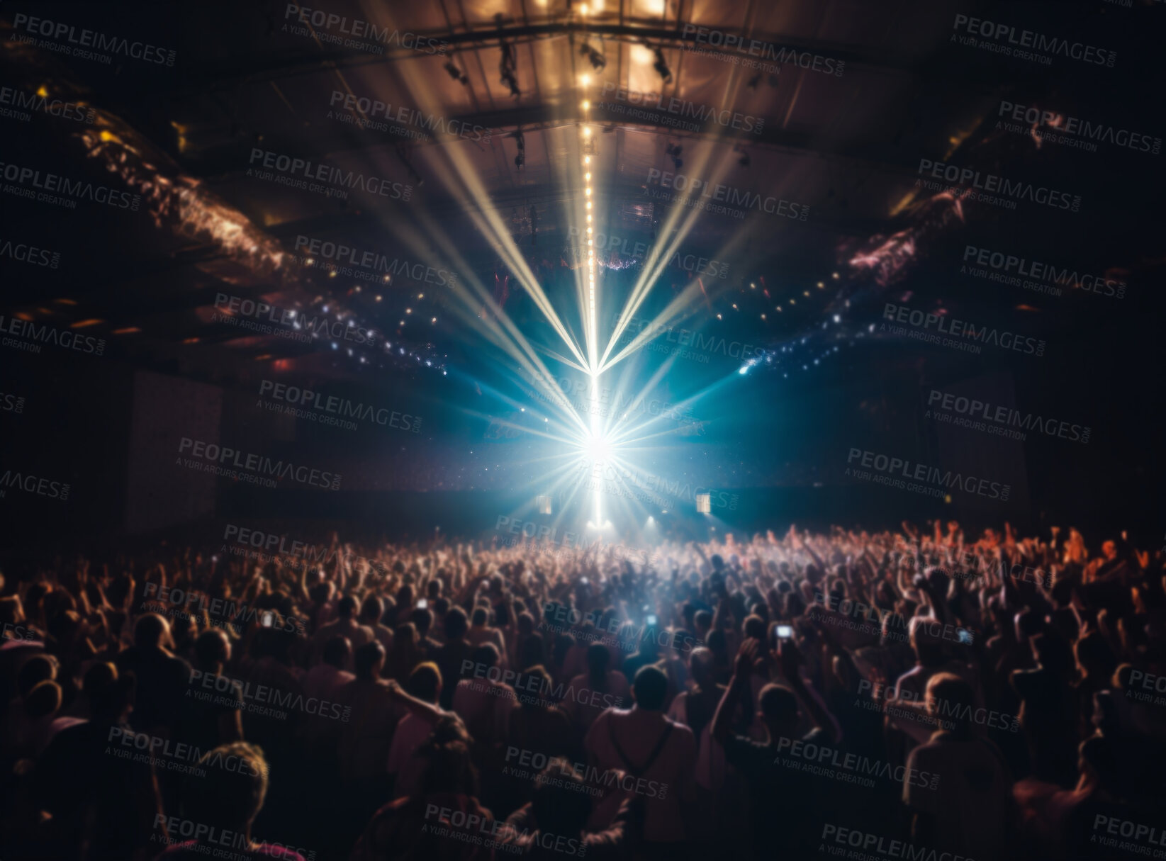 Buy stock photo Rear top view of crowded, mega church. Worship, religion concept.