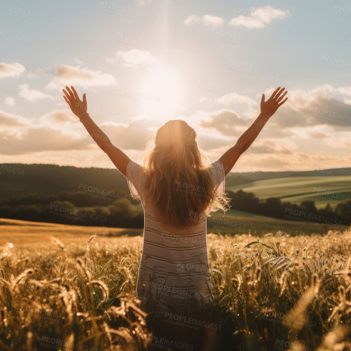 Buy stock photo Woman worshiping hands raised to the sunset in open field. Religion concept.