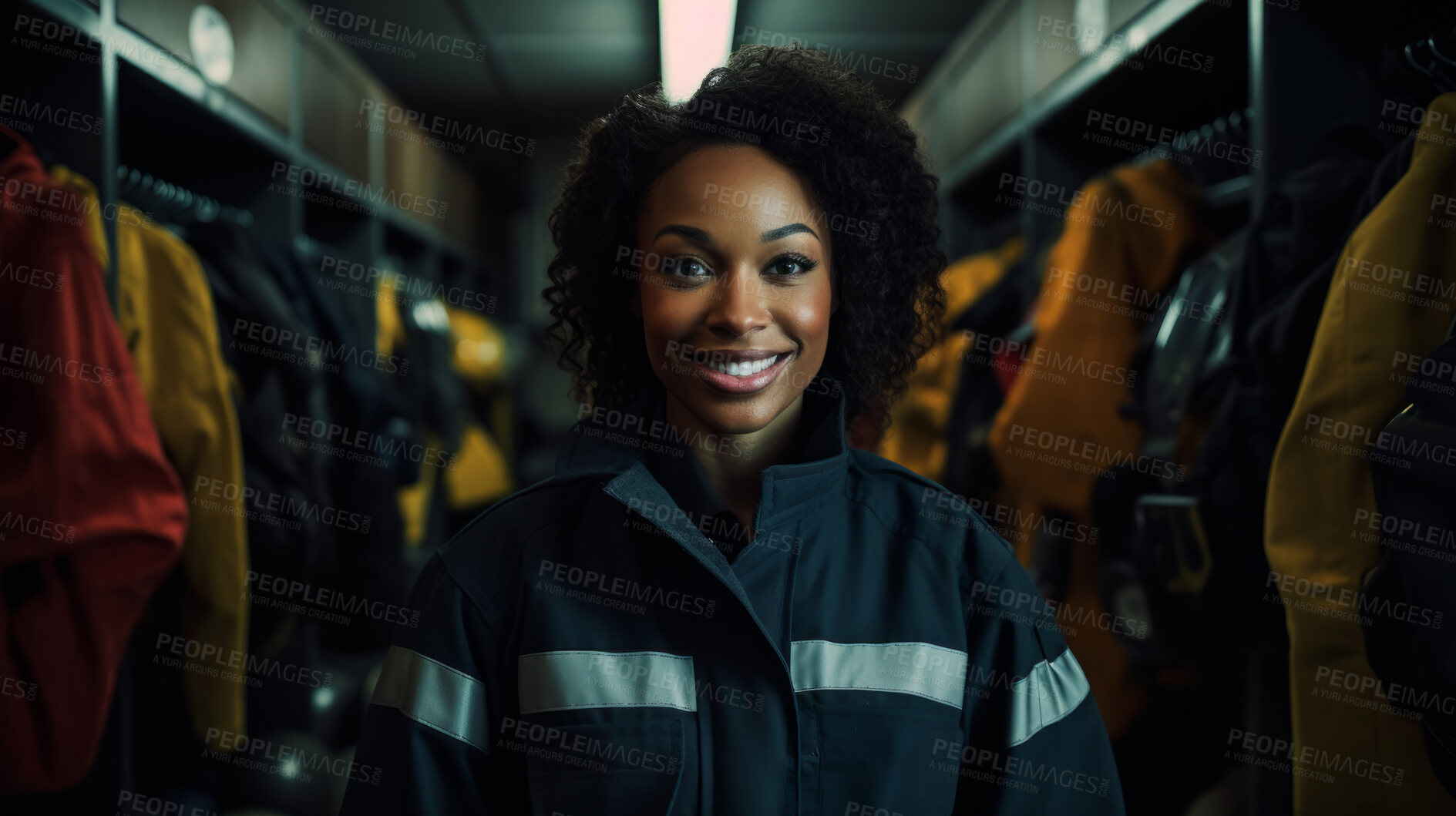 Buy stock photo Portrait of female firefighter standing in locker room. Search and rescue safety concept