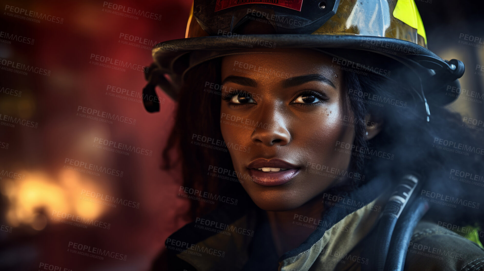 Buy stock photo Portrait of firefighter with fire background. Search and rescue safety concept