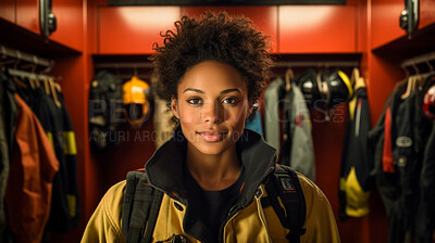 Portrait of female firefighter standing in locker room. Search and rescue safety concept