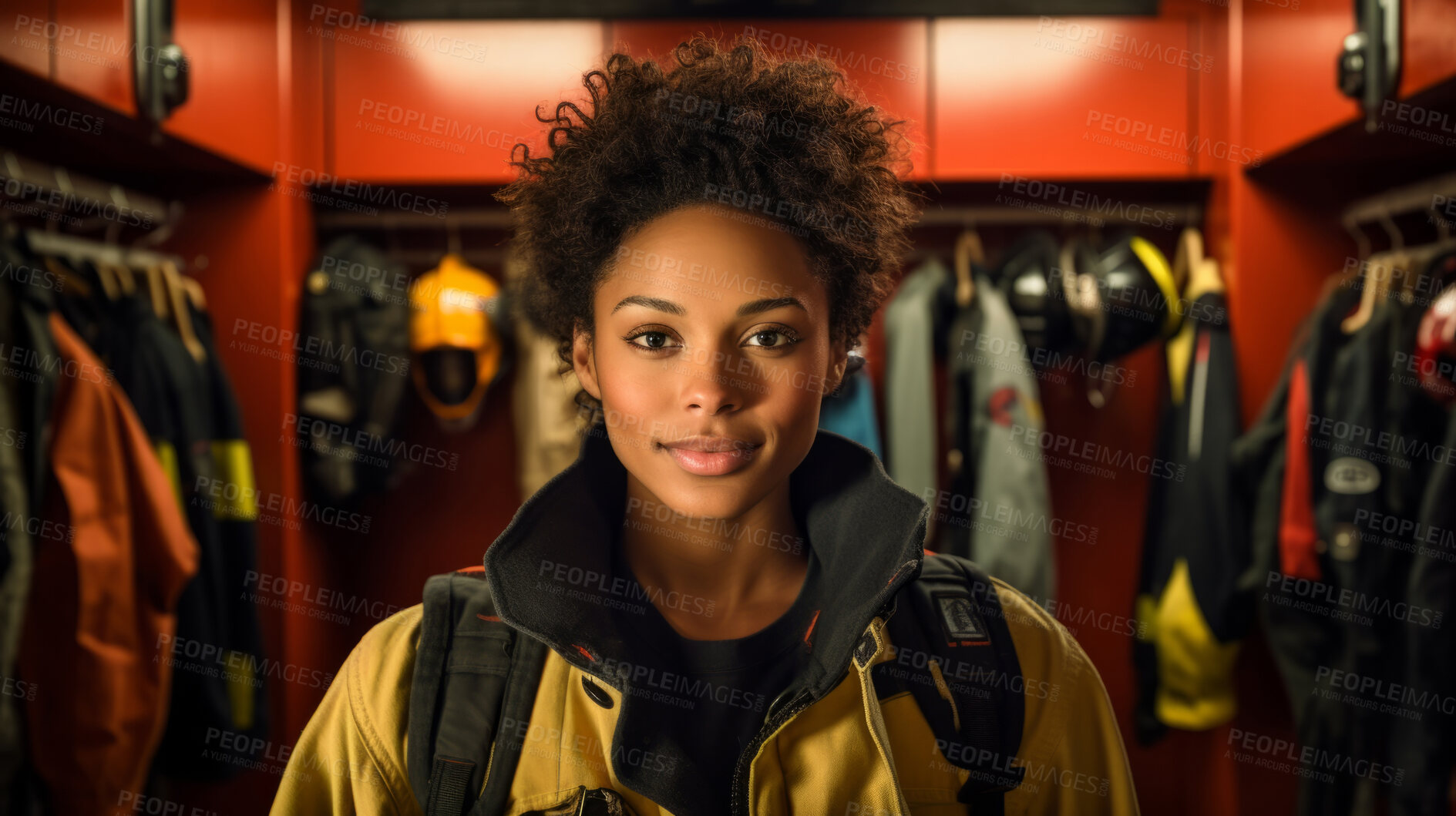 Buy stock photo Portrait of female firefighter standing in locker room. Search and rescue safety concept