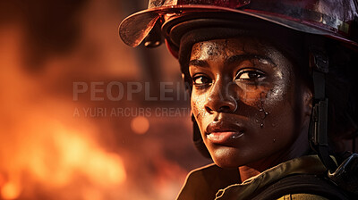 Buy stock photo Portrait of firefighter with fire background. Search and rescue safety concept