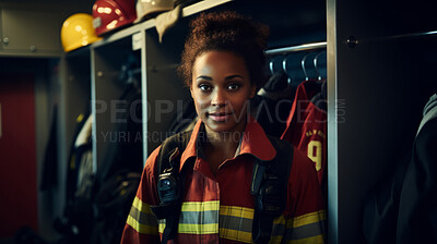 Portrait of female firefighter standing in locker room. Search and rescue safety concept