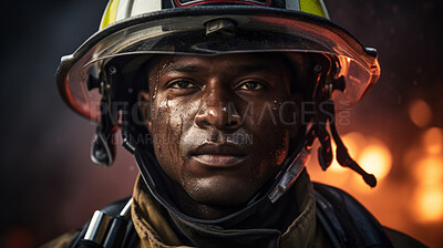 Buy stock photo Portrait of firefighter with fire background. Search and rescue safety concept