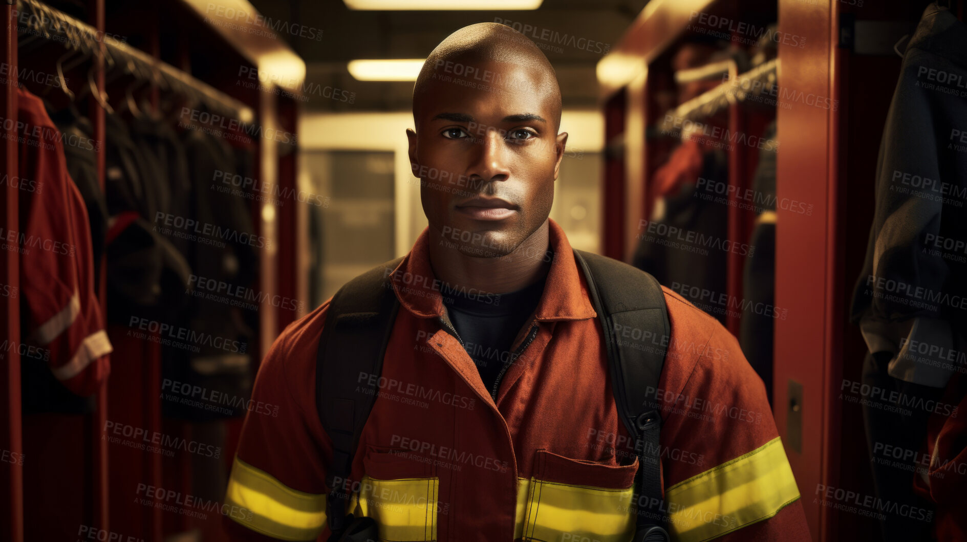 Buy stock photo Portrait of black firefighter standing in locker room. Search and rescue safety concept
