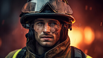 Portrait of firefighter with fire background. Search and rescue safety concept