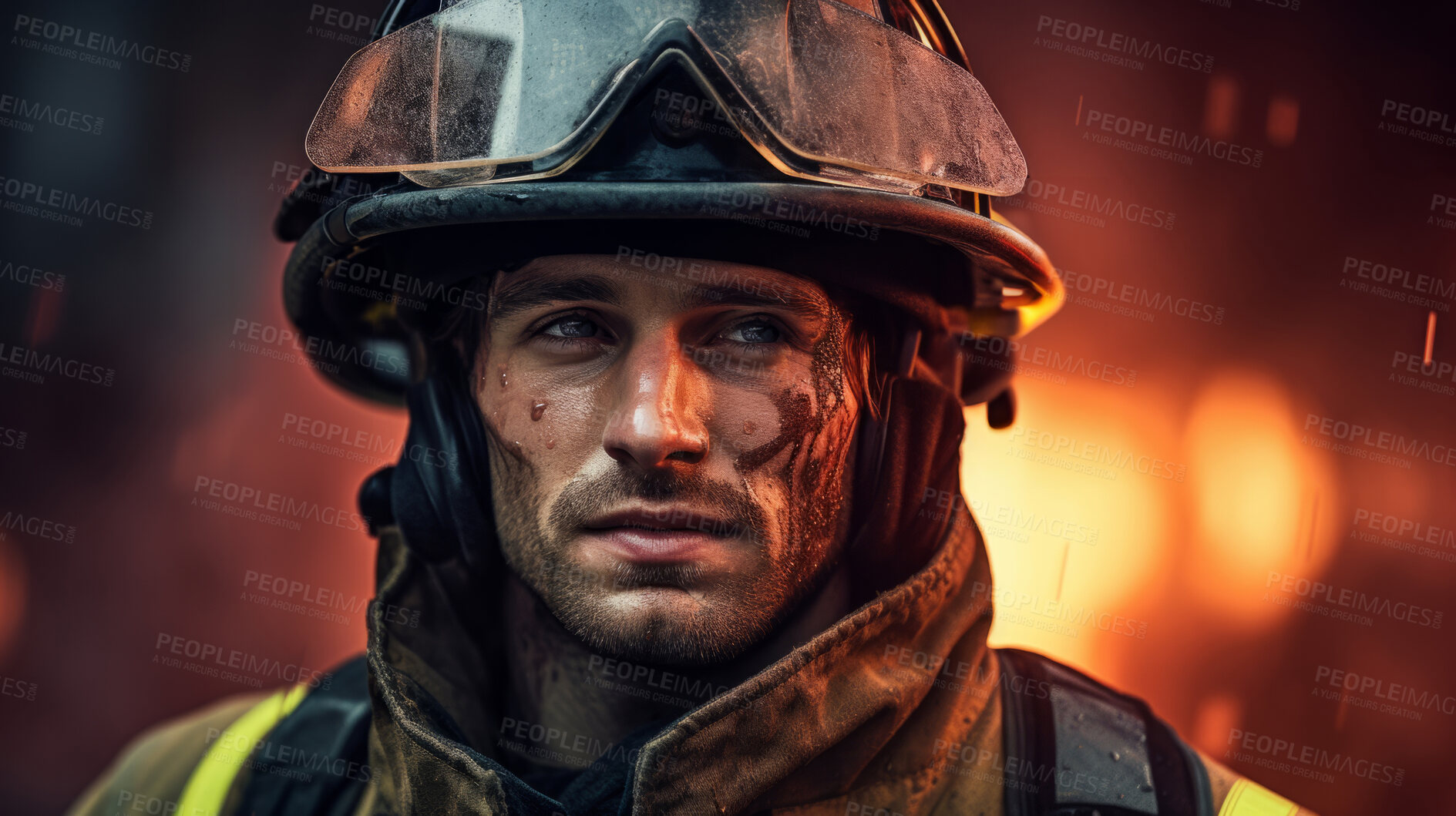 Buy stock photo Portrait of firefighter with fire background. Search and rescue safety concept