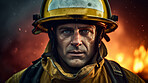 Portrait of firefighter with fire background. Search and rescue safety concept