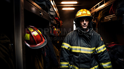 Buy stock photo Portrait of young firefighter standing in locker room. Search and rescue safety concept