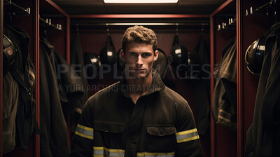 Buy stock photo Portrait of young firefighter standing in locker room. Search and rescue safety concept