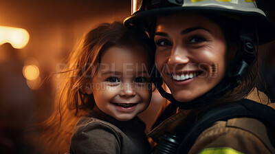 Buy stock photo Happy firefighter holding child. Safety, brave rescue, survivor concept