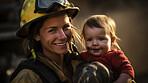 Happy firefighter holding child. Safety, brave rescue, survivor concept