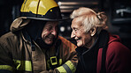 Happy senior firefighter with partner. Service, brave rescue, retirement concept