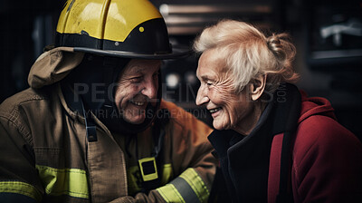 Buy stock photo Happy senior firefighter with partner. Service, brave rescue, retirement concept