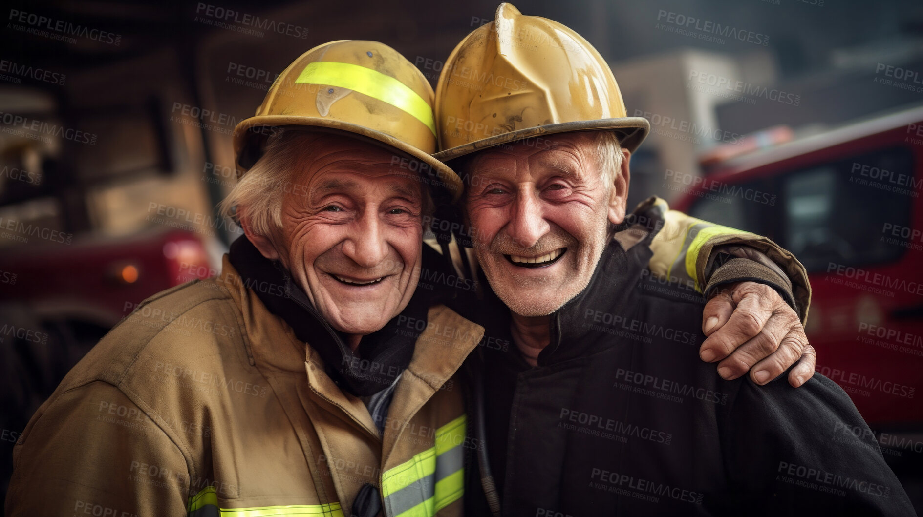 Buy stock photo Happy senior firefighter with partner. Service, brave rescue, retirement concept