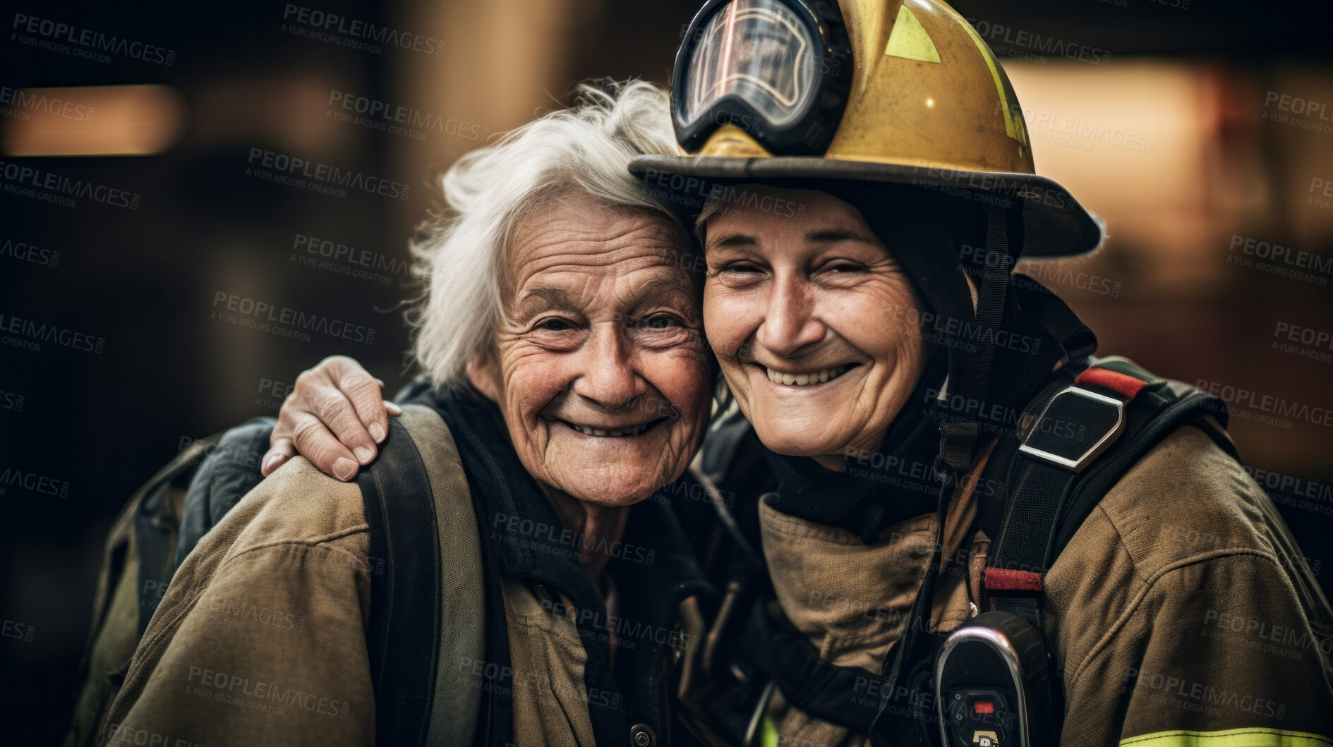 Buy stock photo Happy firefighter with senior citizen Safety, brave rescue, survivor concept