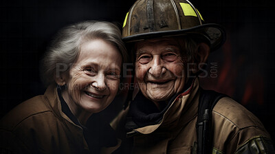 Buy stock photo Happy senior firefighter with partner. Service, brave rescue, retirement concept