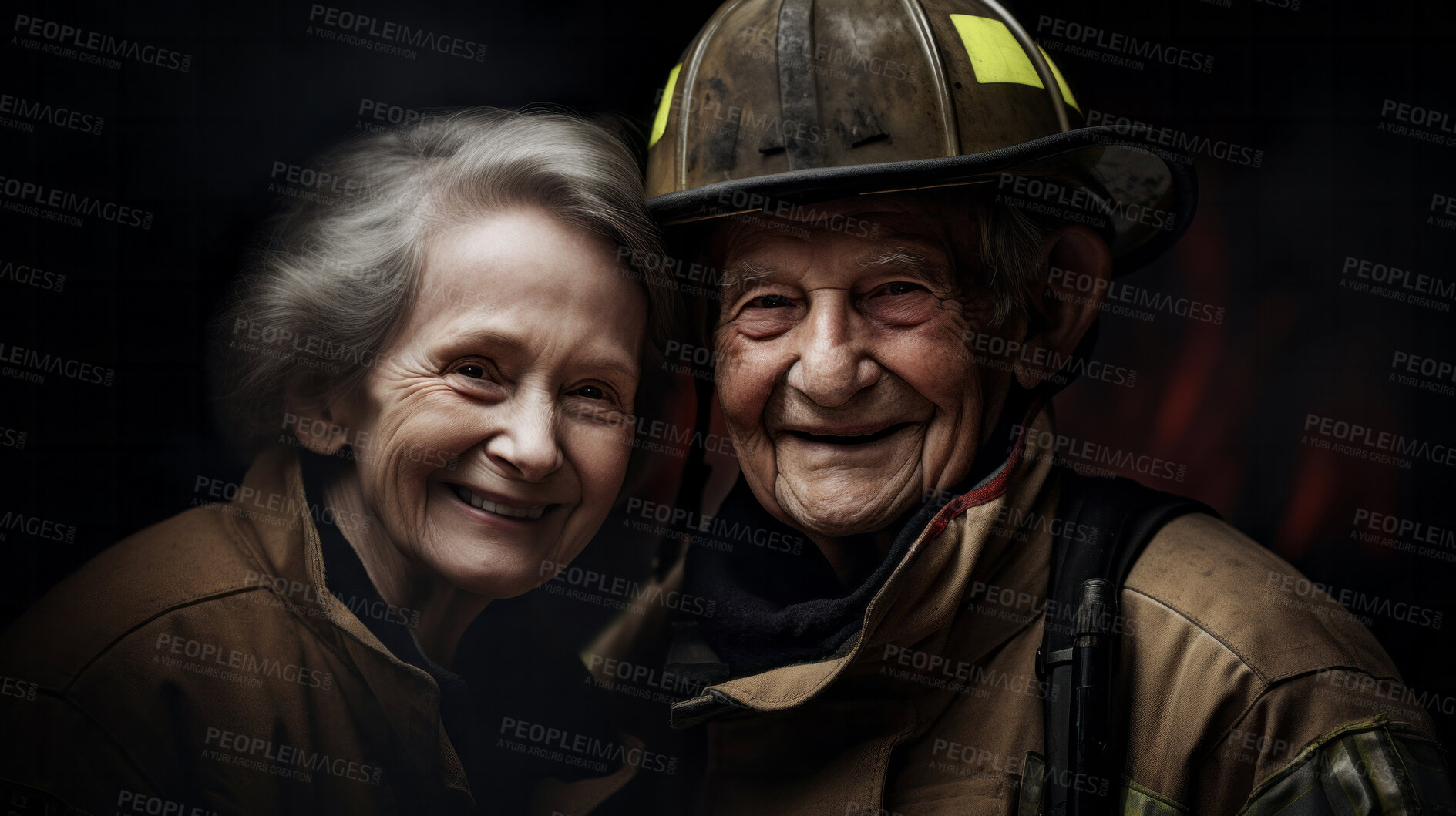 Buy stock photo Happy senior firefighter with partner. Service, brave rescue, retirement concept