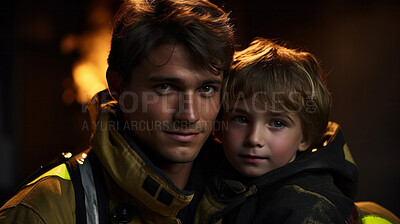 Buy stock photo Happy firefighter holding child. Safety, brave rescue, survivor concept