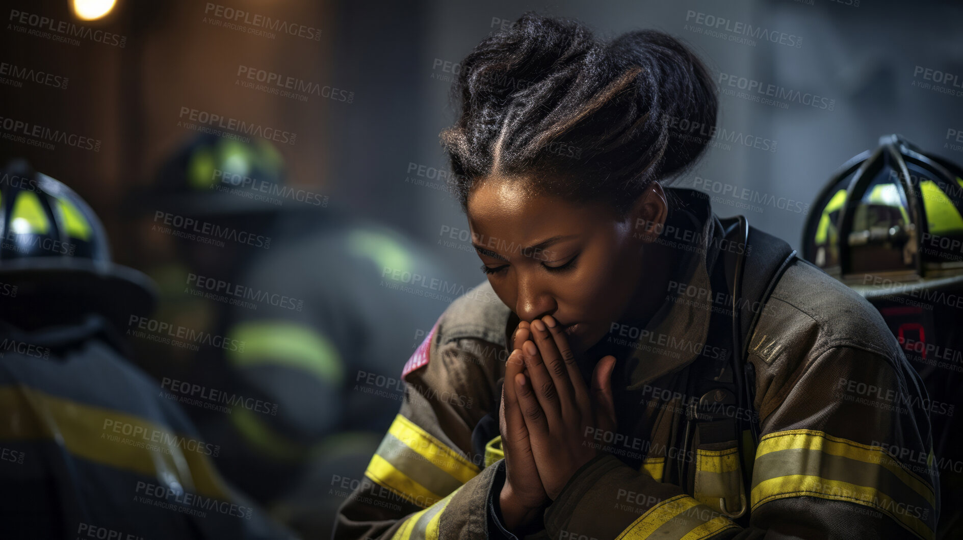 Buy stock photo Firefighter praying. Safety, protection, faith and religion concept