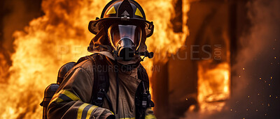 Firefighter in mask with fire in background. Safety, protection, and disaster management concept