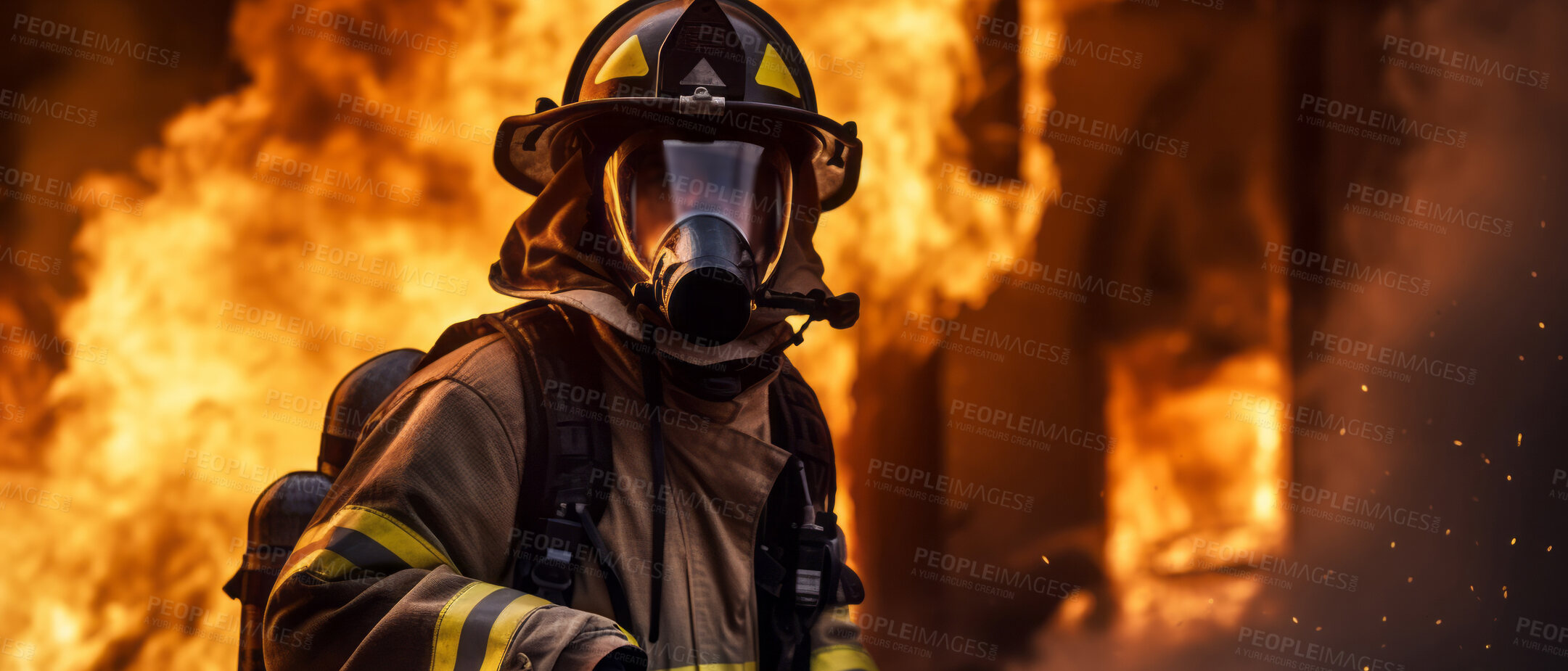 Buy stock photo Firefighter in mask with fire in background. Safety, protection, and disaster management concept