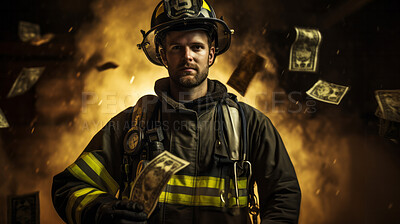 Firefighter standing with money falling from sky. Bribery payment concept