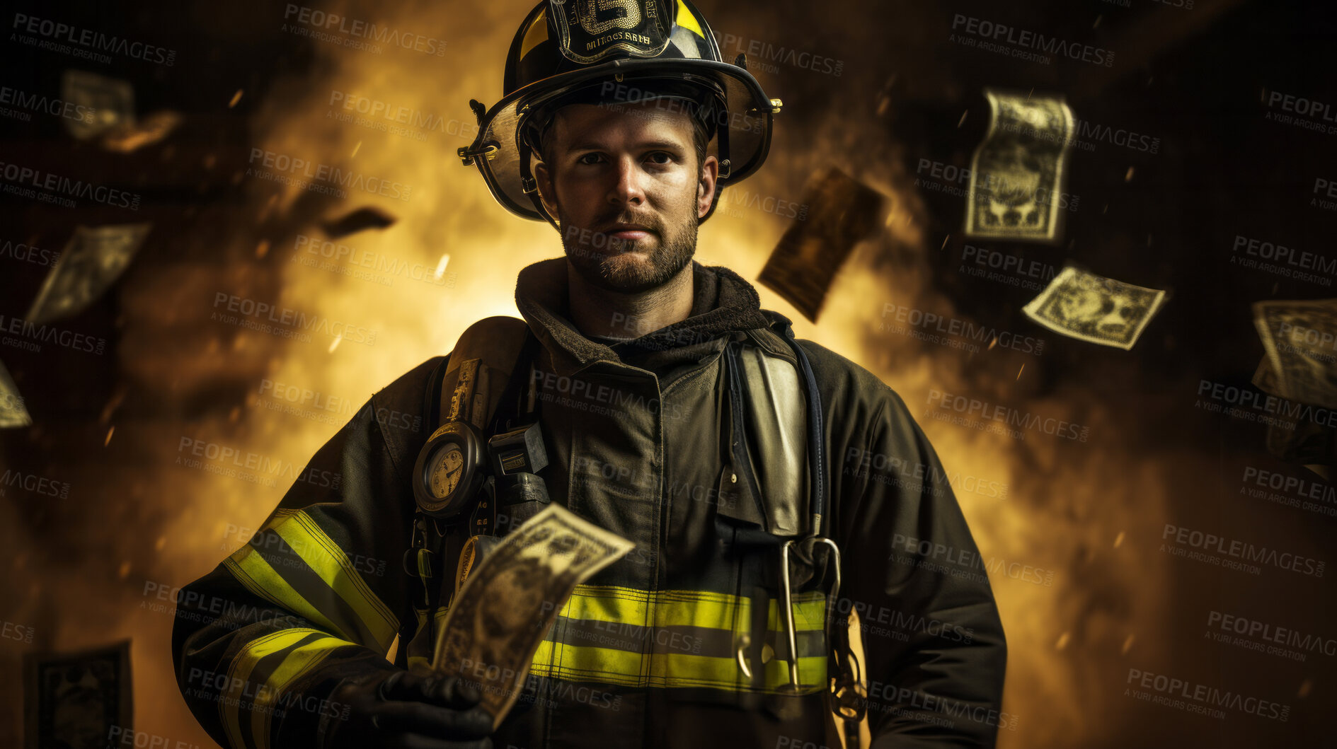 Buy stock photo Firefighter standing with money falling from sky. Bribery payment concept