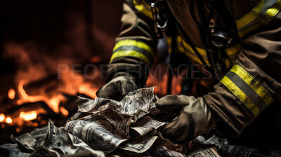 Firefighter hands taking money from pile with fire in background. Bribery payment concept