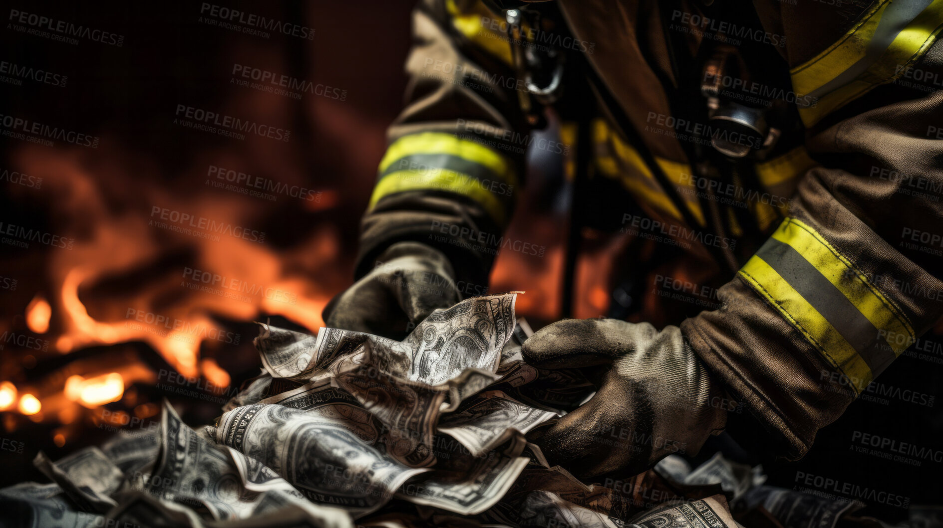 Buy stock photo Firefighter hands taking money from pile with fire in background. Bribery payment concept