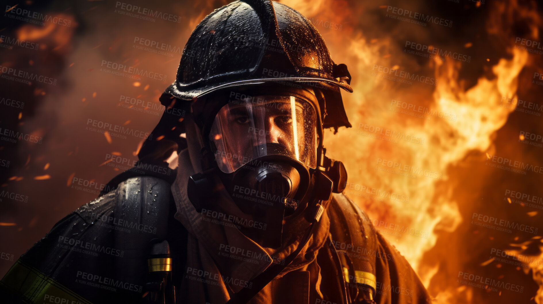 Buy stock photo Firefighter in mask with fire in background. Safety, protection, and disaster management concept