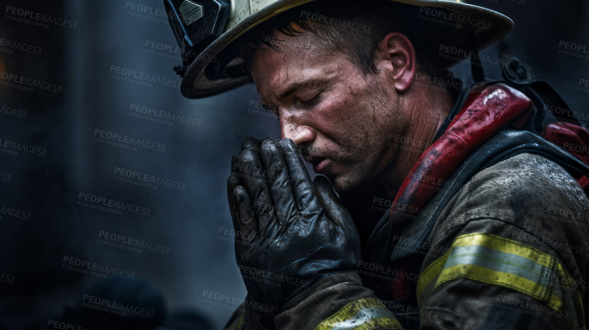 Buy stock photo Firefighter praying. Safety, protection, faith and religion concept