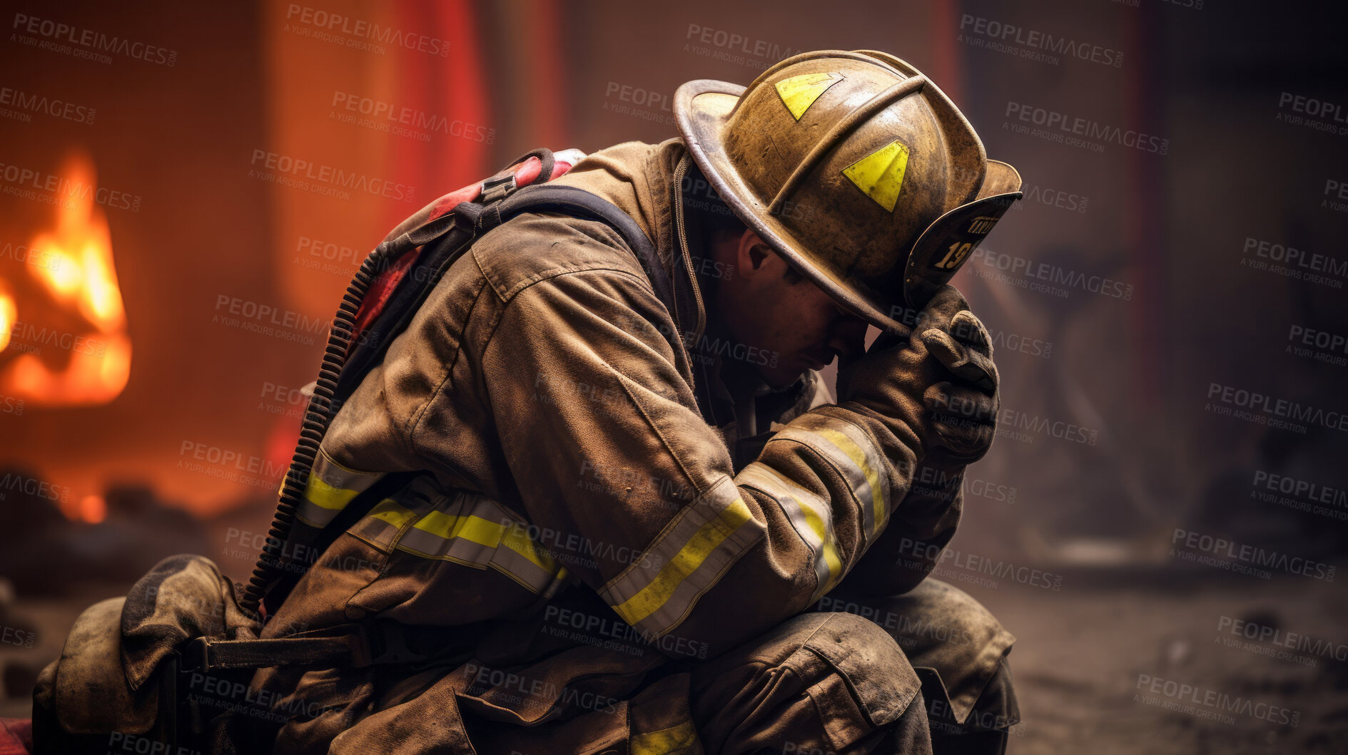 Buy stock photo Firefighter praying. Safety, protection, faith and religion concept