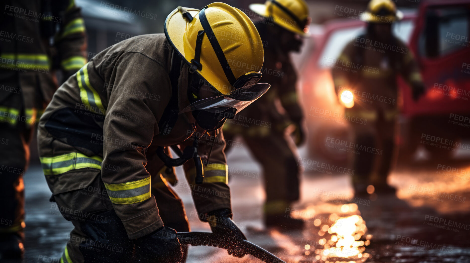 Buy stock photo Group of firefighters with water hose. Brave teamwork for fire safety and community protection