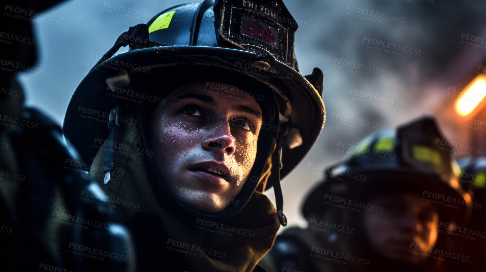 Buy stock photo Group of firefighters after fire. Brave teamwork for fire safety and community protection