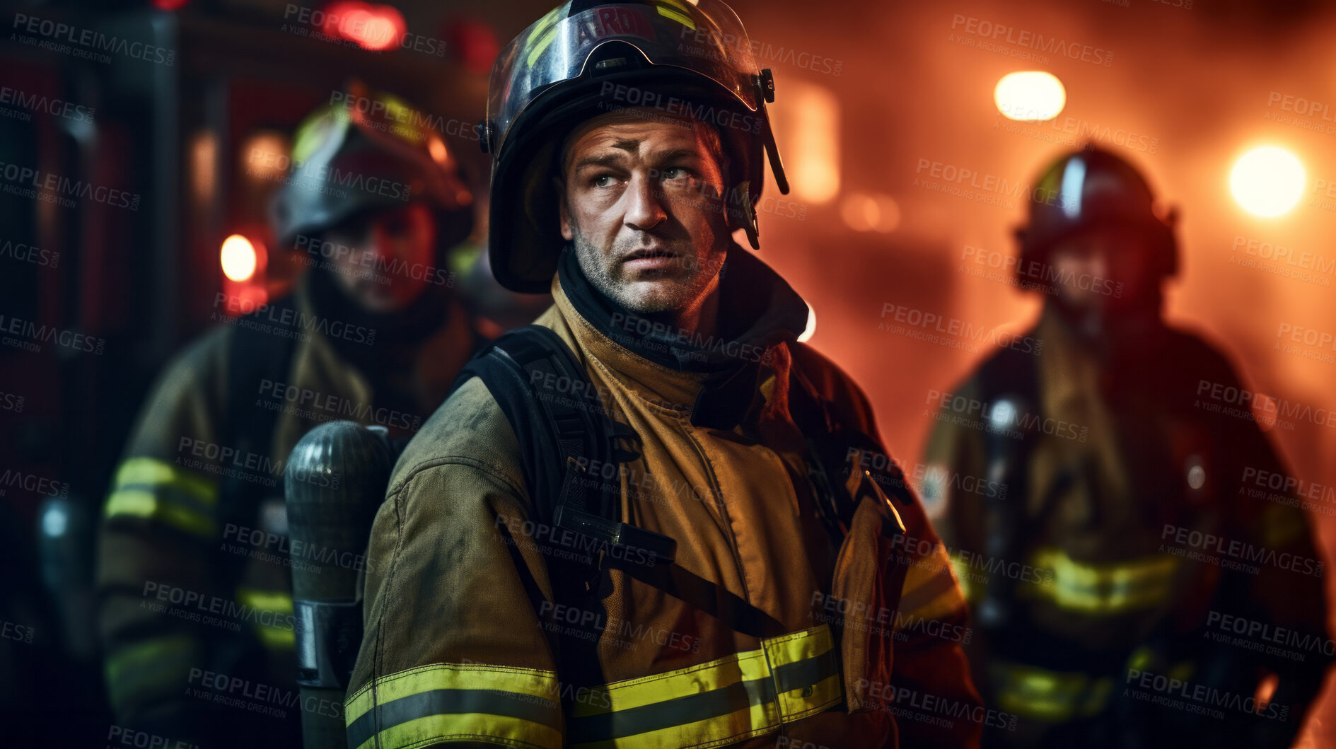 Buy stock photo Group of firefighters after fire. Brave teamwork for fire safety and community protection