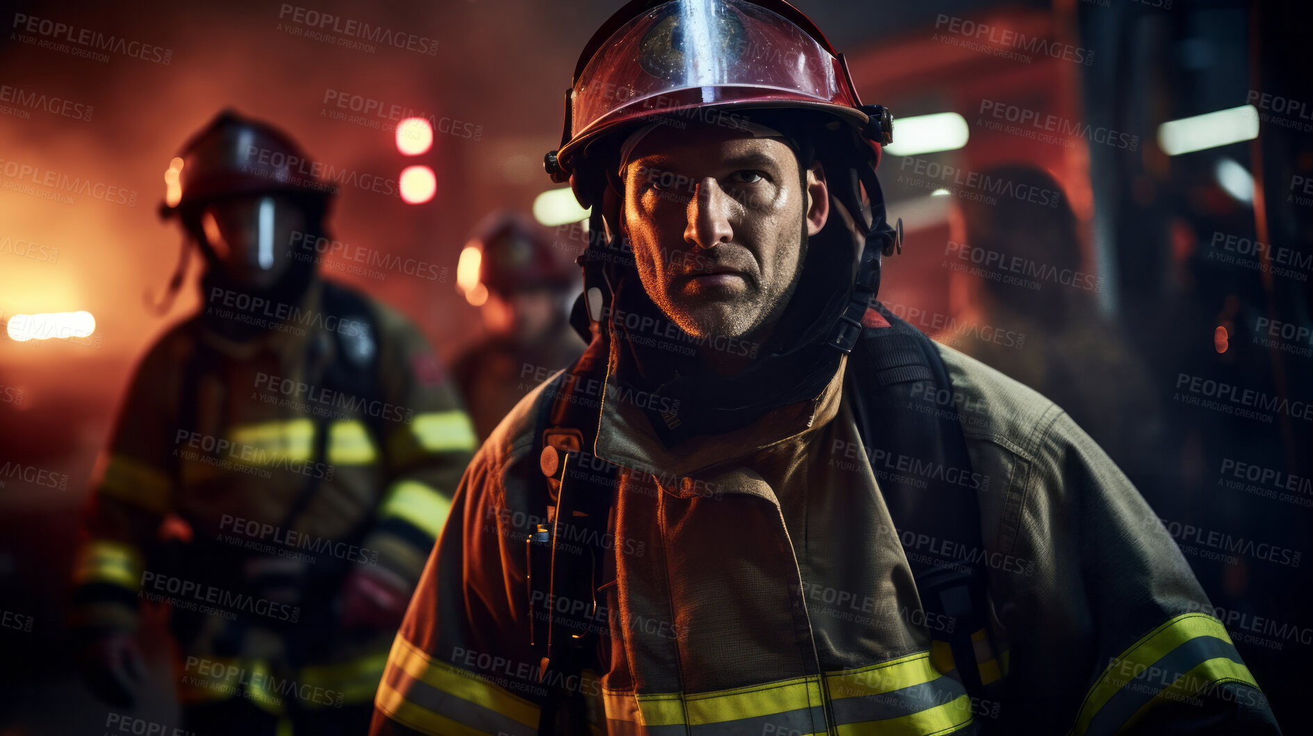 Buy stock photo Group of firefighters after fire. Brave teamwork for fire safety and community protection