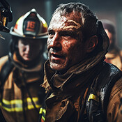 Injured firefighter with group. Brave teamwork for fire safety and ...
