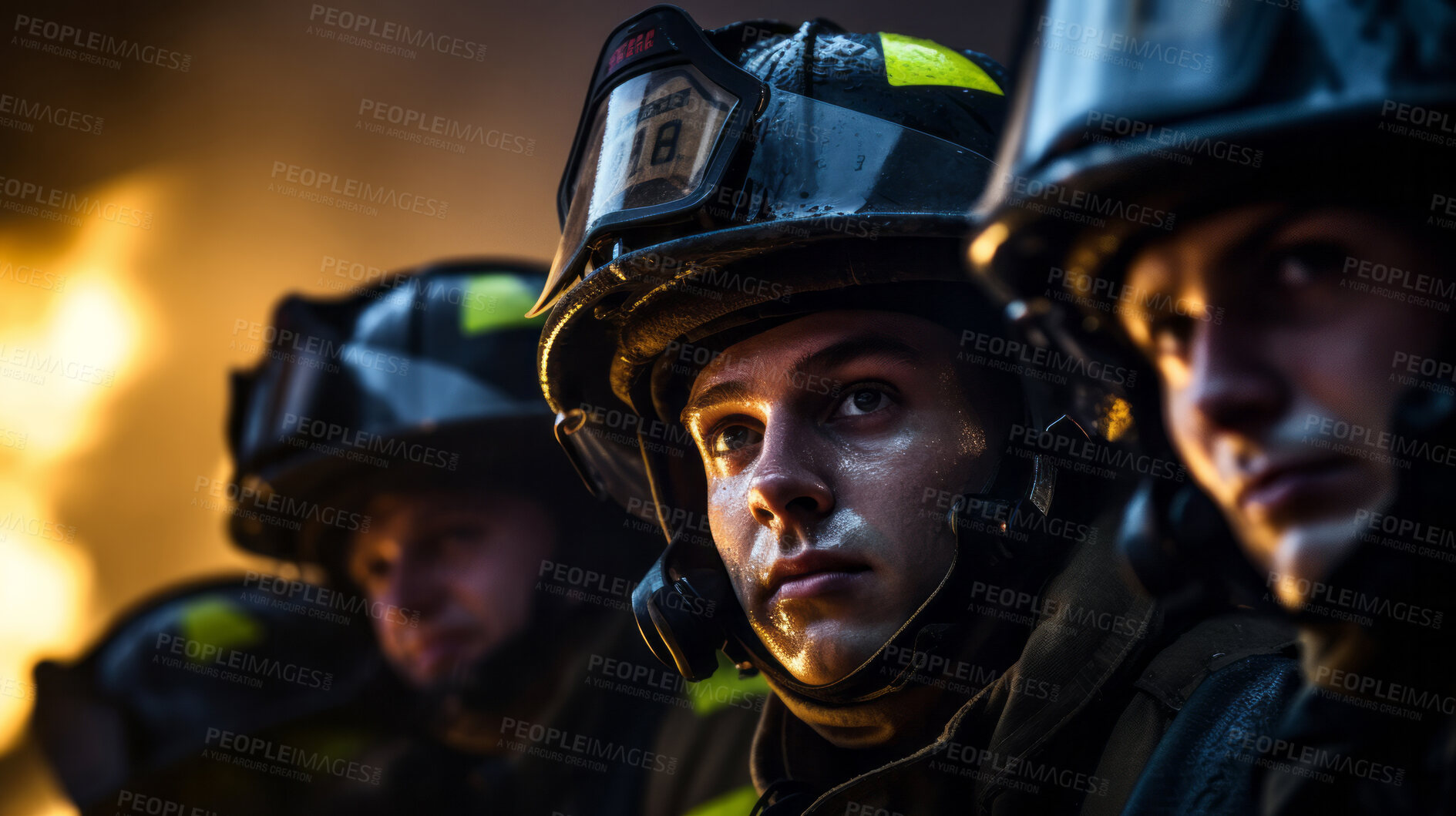 Buy stock photo Group of firefighters after fire. Brave teamwork for fire safety and community protection