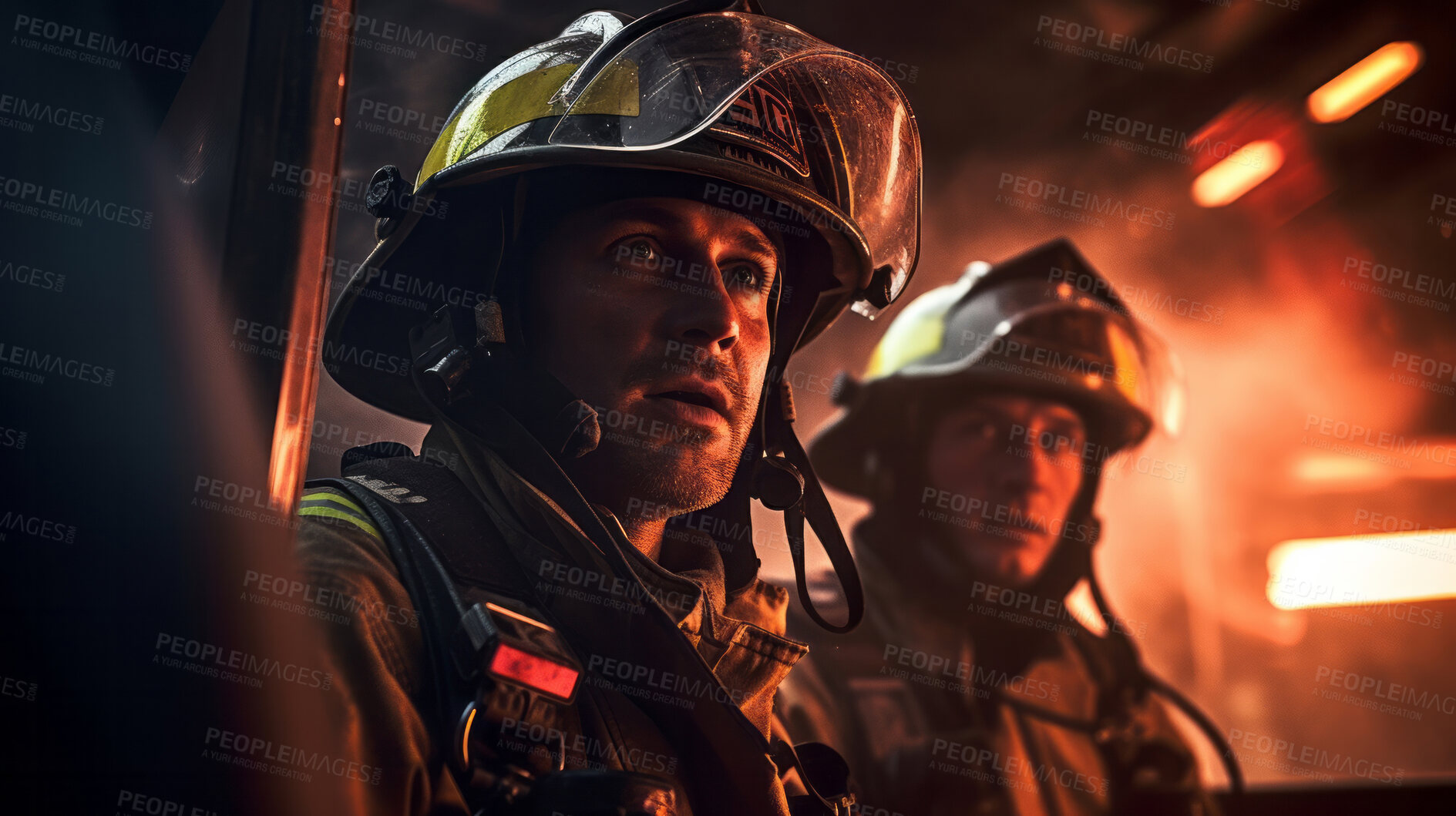 Buy stock photo Group of firefighters after fire. Brave teamwork for fire safety and community protection