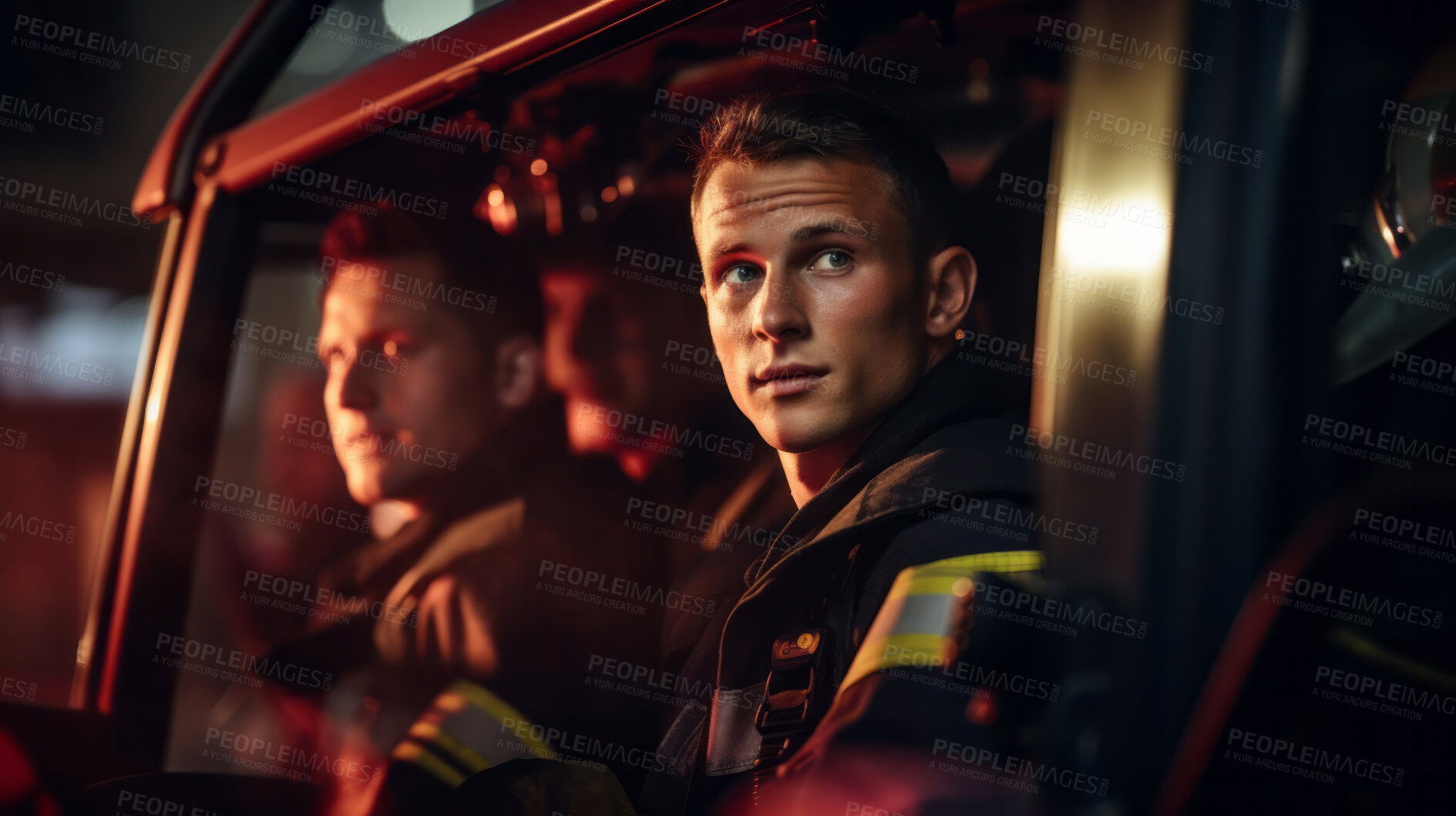 Buy stock photo Group of firefighters in truck. Brave teamwork for fire safety and community protection