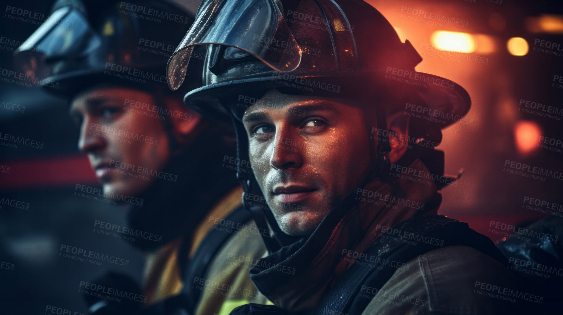 Buy stock photo Group of firefighters after fire. Brave teamwork for fire safety and community protection