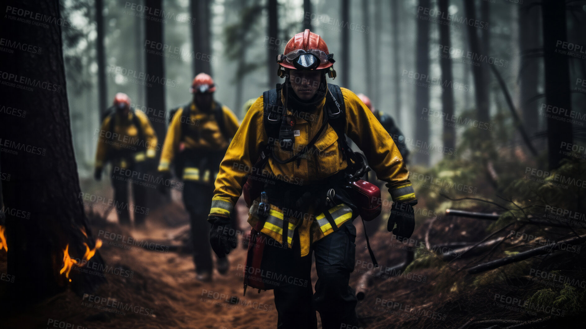 Buy stock photo Group of firefighters walking in forest after fire. Global warming, natural disaster emergency response