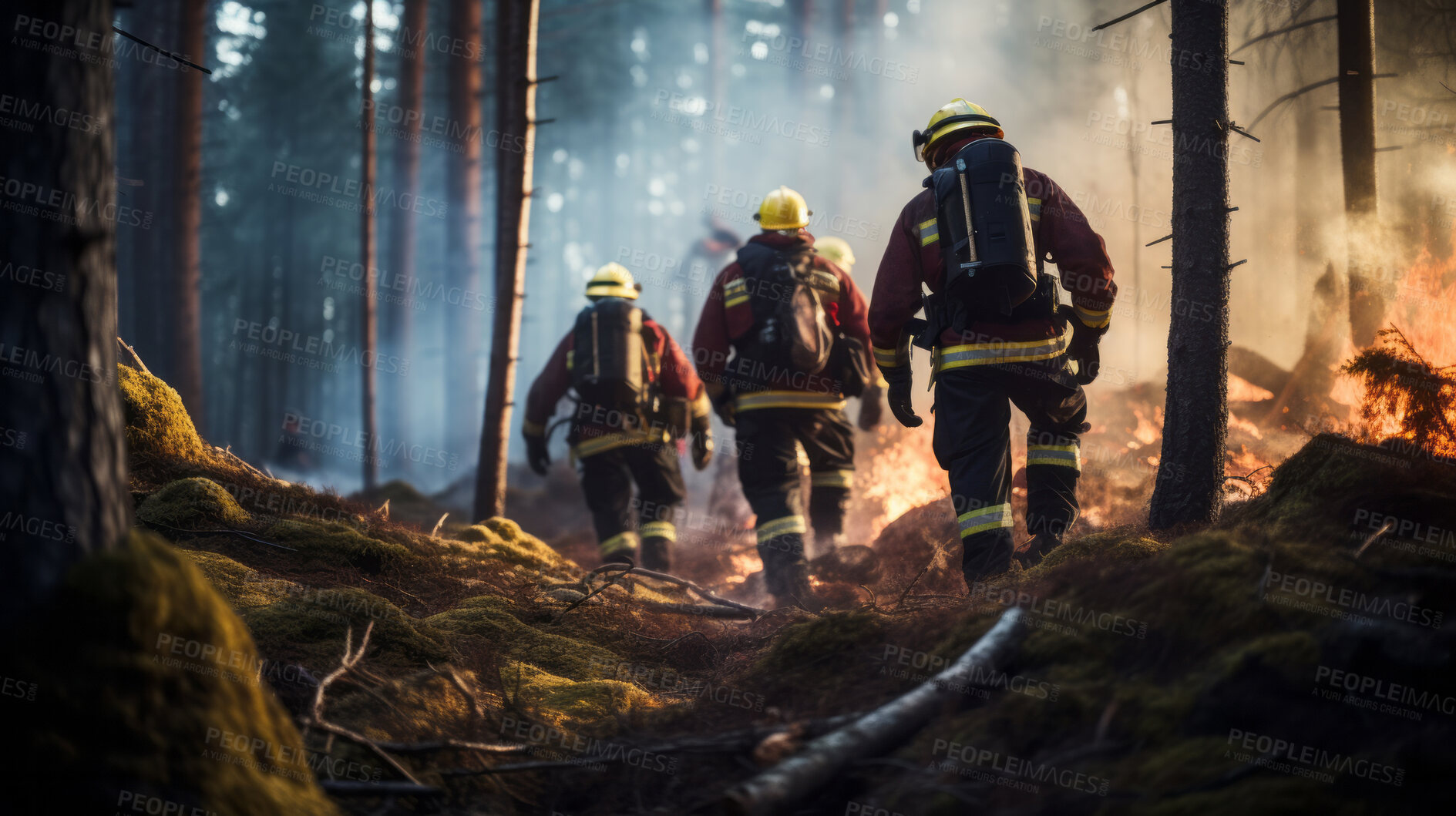 Buy stock photo Group of firefighters walking in forest after fire. Global warming, natural disaster emergency response