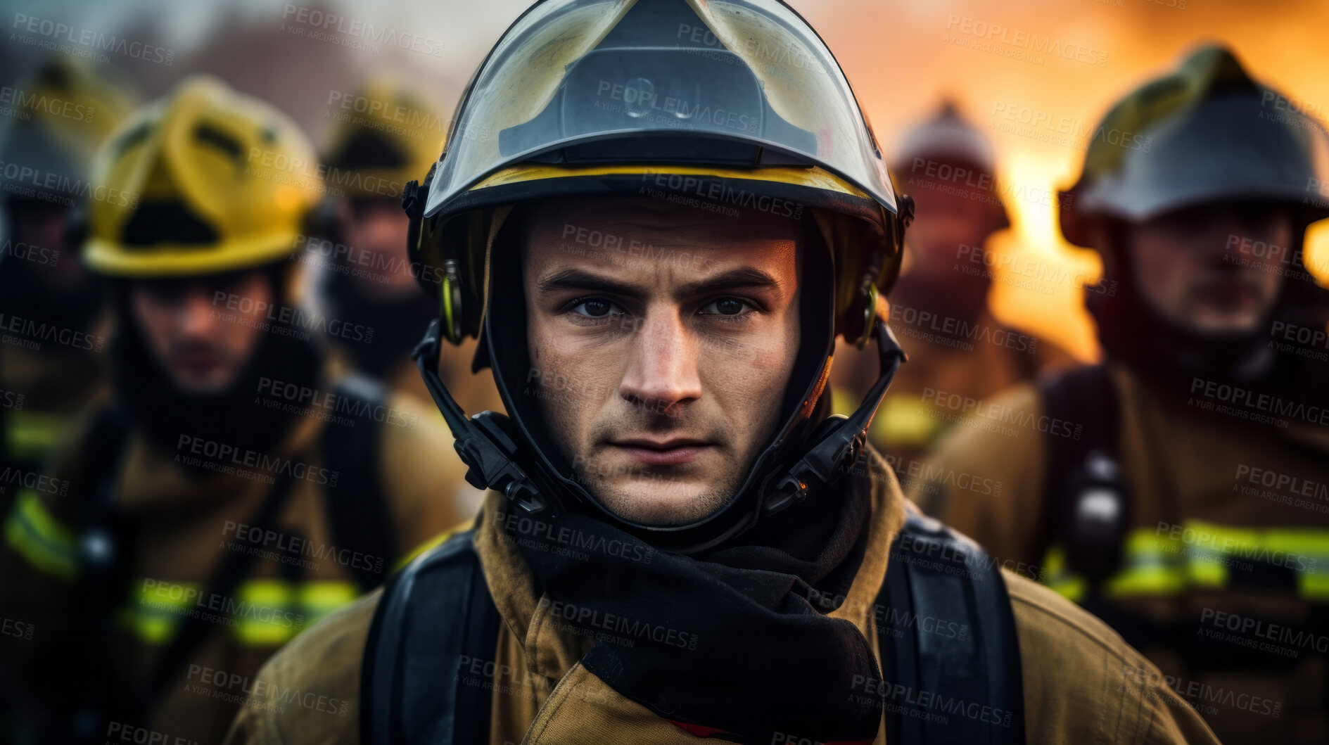 Buy stock photo Group of firefighters after fire. Brave teamwork for fire safety and community protection